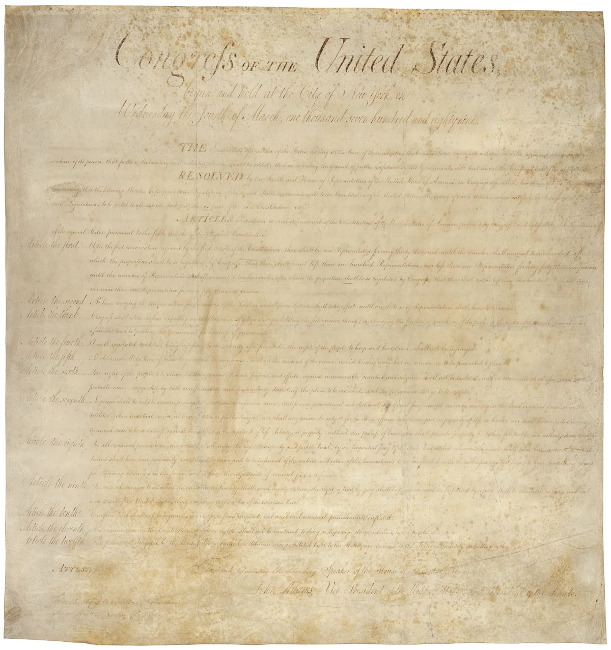 The 1789 congressional resolution proposing twelve constitutional amendments, with religious liberty addressed in Article the third.