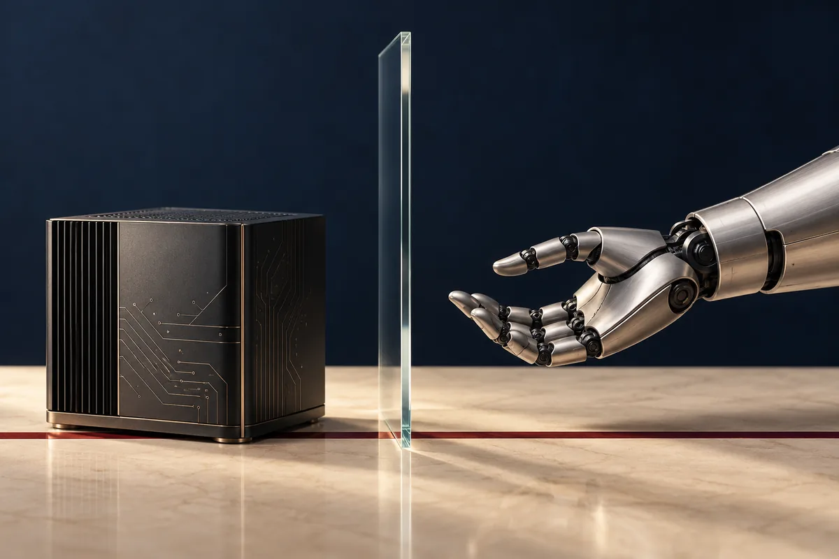 Concept illustration of computing hardware and a robotic arm separated by a transparent control boundary