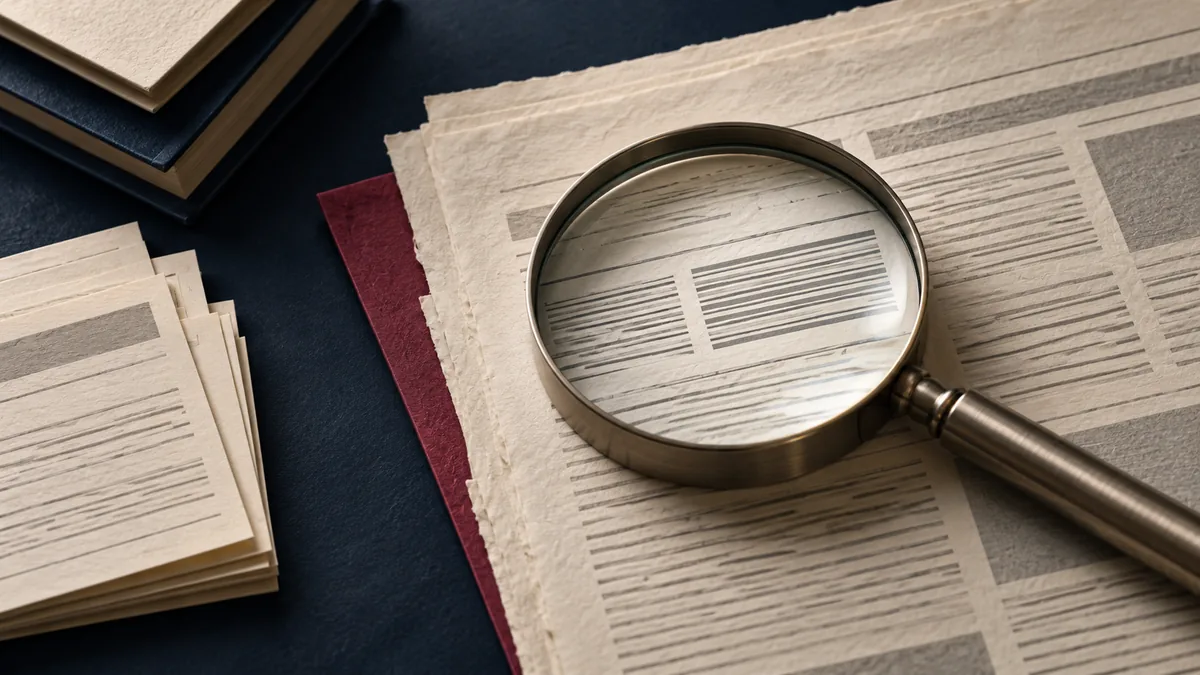 Concept illustration of source documents and a magnifying lens, representing information verification