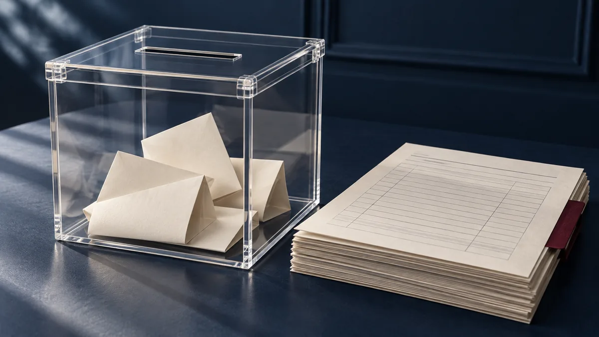 Concept illustration of an anonymous ballot, a ballot box and audit records, representing voting verification