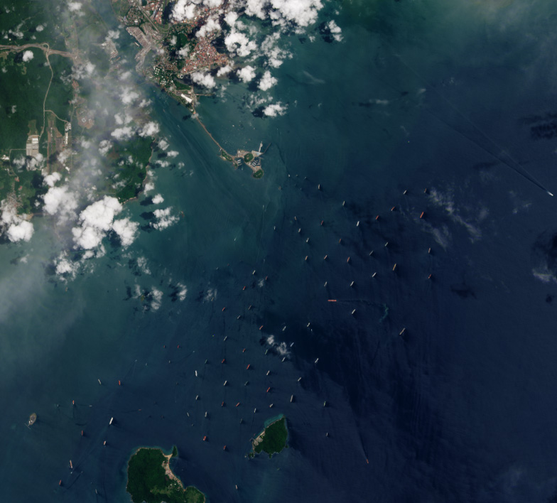 Landsat image of vessels near the Pacific approach to the Panama Canal on August 18, 2023.